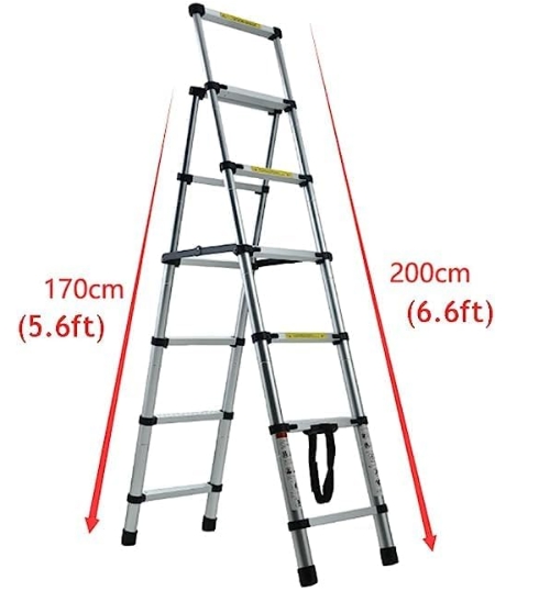 DAYPLUS 5+6步(5.6英尺+6.6英尺)伸缩梯铝制延伸踏板人字型A型架轻便折 叠便携式多功能伸缩式防滑330磅负载能力