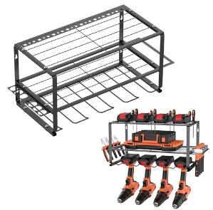 AutoBaBa 三层电动工具整理器电动工具壁挂式存储架适用于4个钻头的工具架车库工具储存重型钻机整理实用金属工具架储物用于车库、家庭、车间